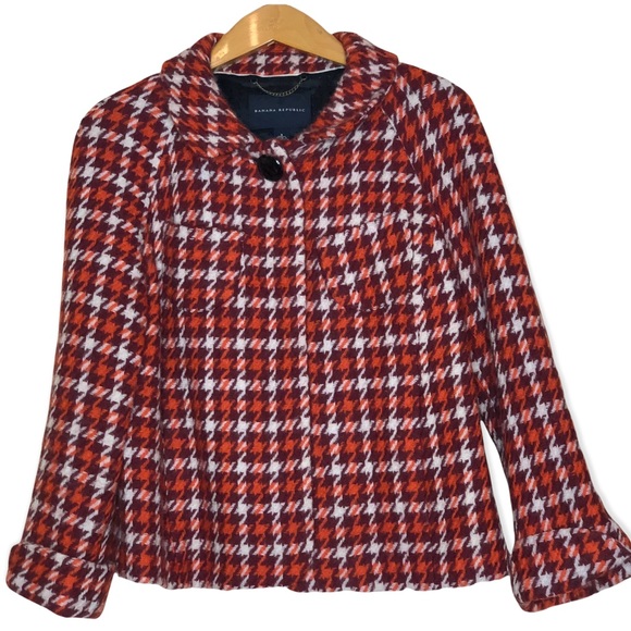 Banana Republic Pea Coat Houndstooth Plaid Rust/ Cream Retro Wool Coat- … - Picture 2 of 10